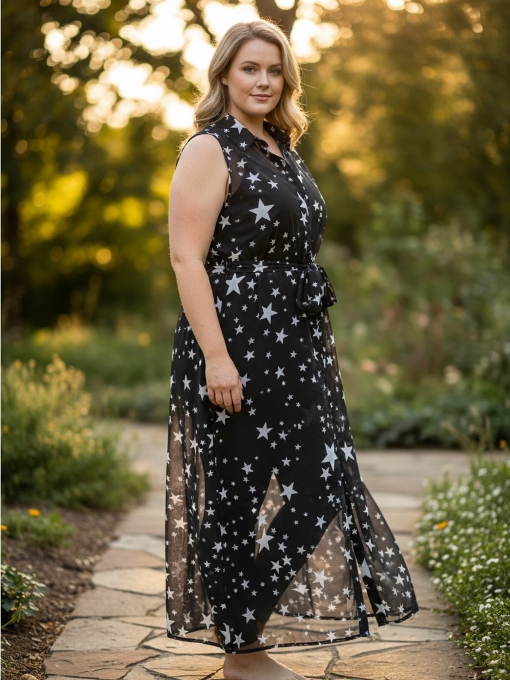 Black Star-Print Sleeveless Maxi Dress with Self Tie Belt